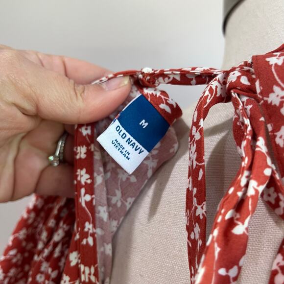 Old Navy White & Orange Floral Ruffle Sleeve Smocked Bodice Midi Dress Sz M - Picture 7 of 9